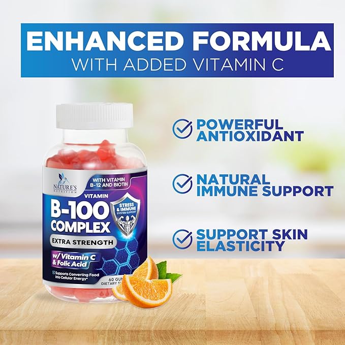 Super B Complex Gummies with Vitamin B6, Folic B12, Biotin, 60 Gummies