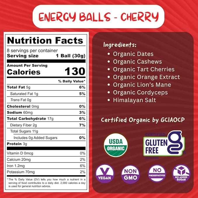 ODD BALLS Organic Energy Balls Cherry - Superfood Mushroom Snack - Running, Cycling, Hiking - Gels, Bars Alternative - Lion's Mane Focus, Cordyceps Energy - Vegan, Gluten Free Snacks for Kids & Adults (8.5 oz, Cherry)
