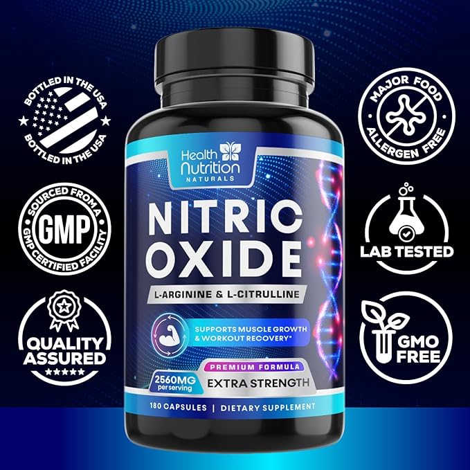 Extra Strength Nitric Oxide Supplement L Arginine 3X Strength - Citrulline Malate, AAKG, Beta Alanine - Premium Muscle Supporting Nitric Booster for Energy & Strength to Train Harder - 180 Capsules