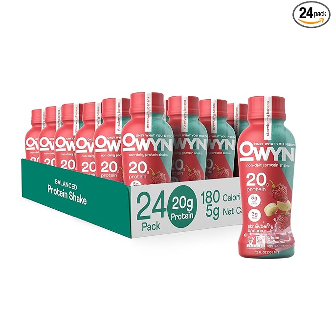 OWYN Only What You Need Vegan Protein Shake, Strawberry Banana, 20g Plant Based Protein, Omega-3, Prebiotic Supplements, Gluten-Free, Soy-Free, Non-GMO (24 Pack) (Packaging May Vary)