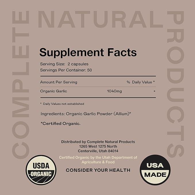 Complete Natural Products Organic Garlic Capsules 520mg Capsules 100 Count