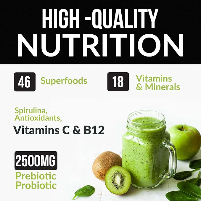Raw Super Greens Powder Daily Juice Drink with Probiotics and Digestive Enzyme Blend - Whole Food Sourced, 46 Plant-Based Nutrients, Non-GMO, Spirulina, Chlorella, Wheatgrass (30 Servings)