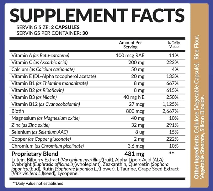 Eye Vitamin Supplement with Lutein, Zeaxanthin, 60 Veggie