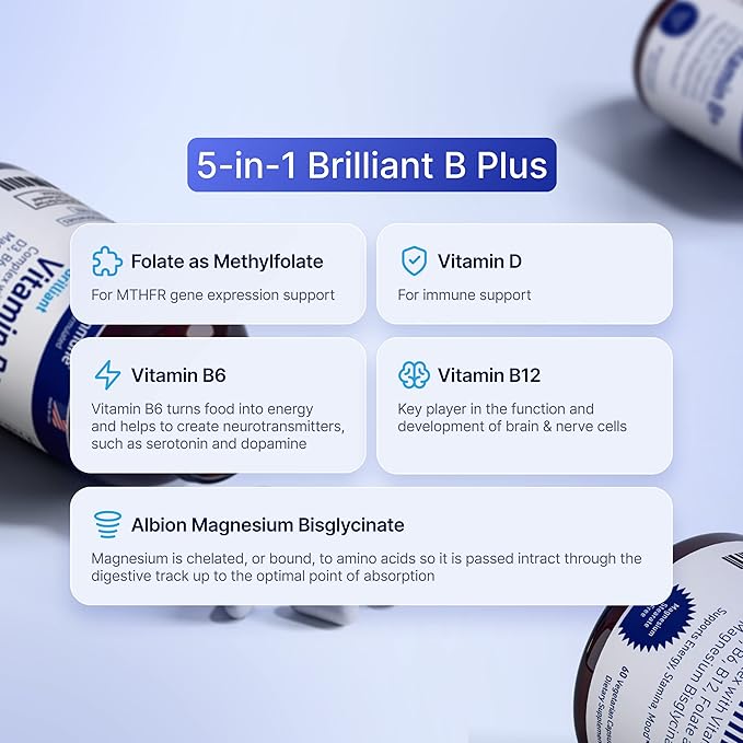 Vitamin B Complex 60 Capsules B6 20mg 20mg D3 D3 1000IU 1000IU Magnesium 260mg Methyl B12 1000mcg 1000mcg and 600mcg DFE.