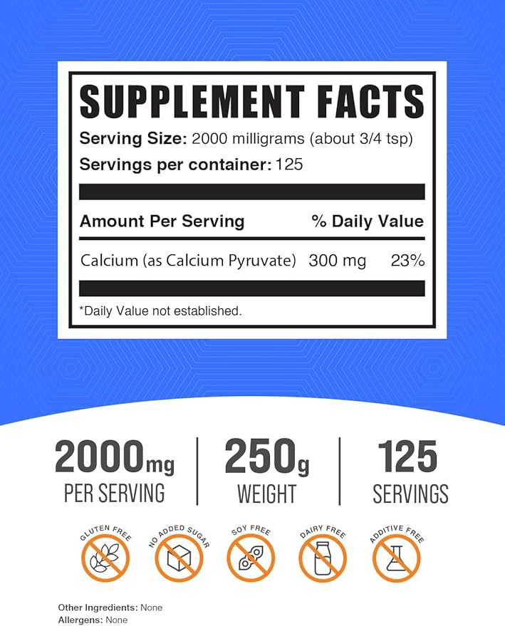 BulkSupplements.com Calcium Pyruvate Powder - Calcium Supplement - Vegan Calcium Supplements - Calcium Supplements for Women - Calcium For Women - Calcium Powder (250 Grams - 8.8 oz)
