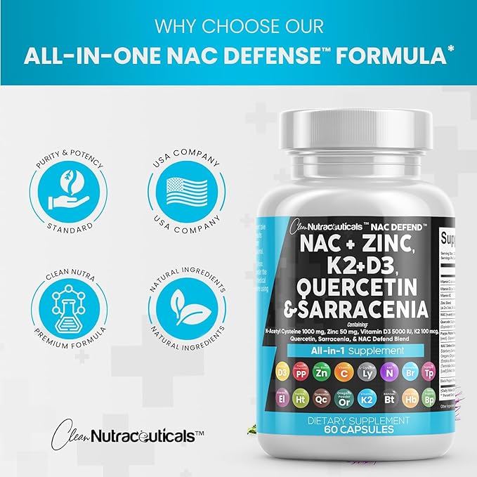 Clean Nutraceuticals NAC Supplement N-Acetyl Cysteine 1000mg Vitamin D3 K2 K2 Zinc 1000mg Sarracenia 1000mg with 60 Count
