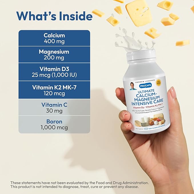 ANDREW LESSMAN Ultimate Calcium-Magnesium Intensive Care with Vitamin D3 & K2 MK7-120 mcg - 60 Capsules – Bone and Skeleton Health Essentials. Gentle, Easy to Swallow, Super Soluble. No Additives