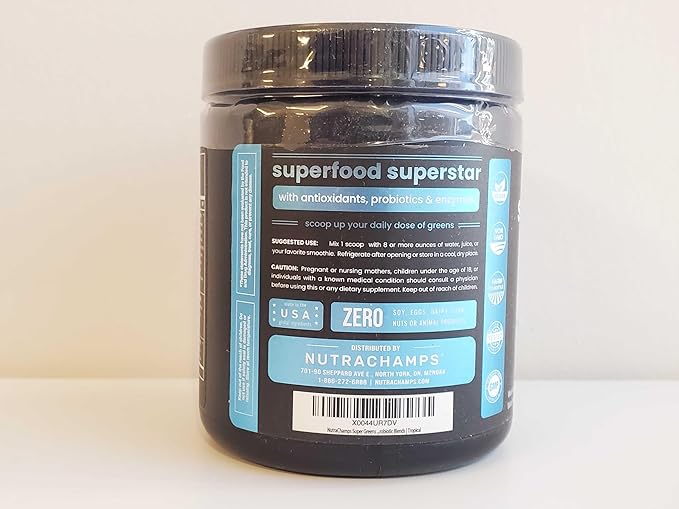 NutraChamps Super Greens Powder Premium Superfood | 20+ Organic Green Veggie Whole Foods | Alfalfa, Spirulina, Chlorella & More | Antioxidant, Digestive Enzyme & Probiotic Blends | Tropical