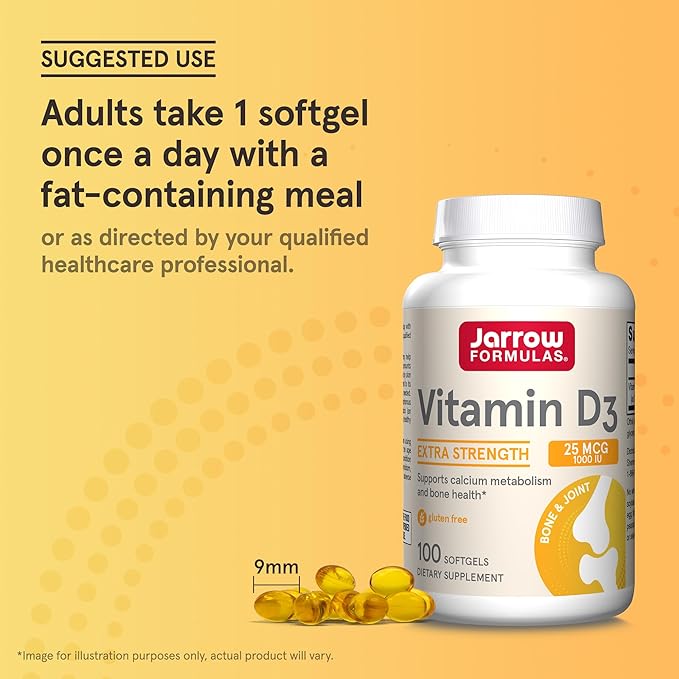 Jarrow Formulas Vitamin D3 25 mcg, Dietary Supplement, Bone and Joint, Support for Immune Health and Calcium Metabolism, 100 Softgels, 100 Day Supply