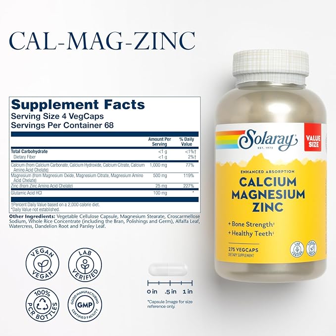 SOLARAY Calcium Magnesium Zinc Supplement 1000mg, Magnesium 500mg - 60 Day 68 Servings, 275 VegCaps
