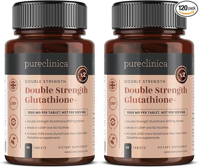 pureclinica Double Strength Glutathione 500mg x 60 Tablets 2 Bottles (120 Tablets). 500mg Reduced 300mg Vitamin 200mg Alpha 200% Stronger