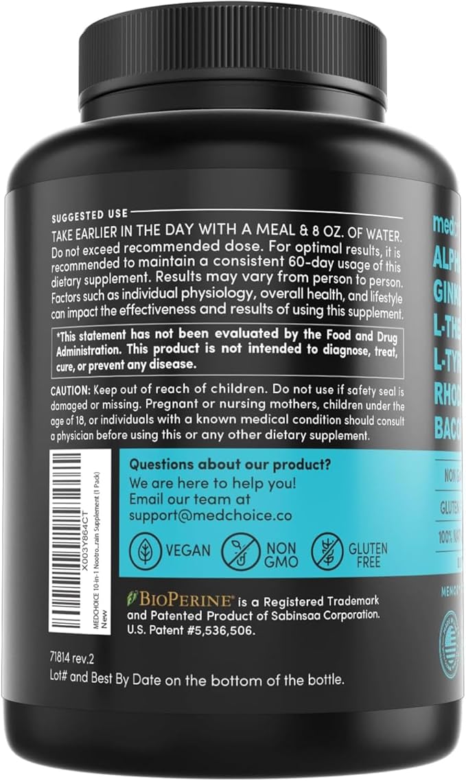 12-in-1 Nootropic Brain Supplement w/ Caffeine Anhydrous: Ginkgo Biloba for Brain Support, Memory & Focus - B12, Alpha GPC, L Theanine & Choline Supplements with Bioperine with 1321mg, 60ct (2 Pack)