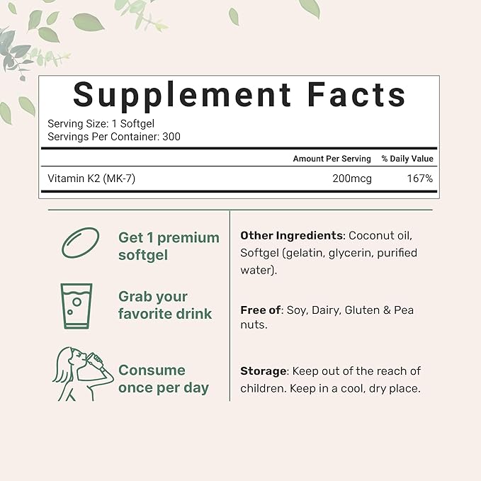 Micro Ingredients Vitamin K2 MK-7 Supplement, 200 mcg 300 Coconut