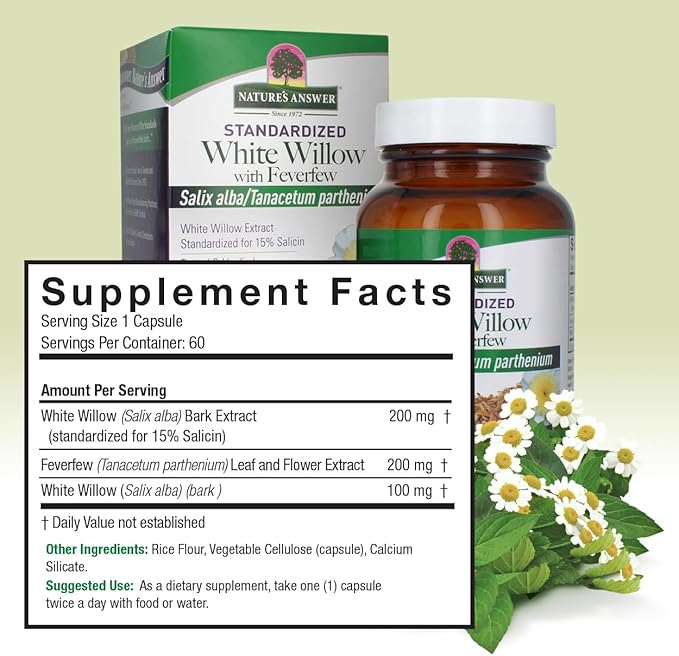 Nature's Answer White Willow with Feverfew 500mg 60-Capsules | Inflammation Support | Supports Joint Function | Gluten-Free, Non-GMO, Vegan, No Artificial Flavors or Preservatives | Single Count