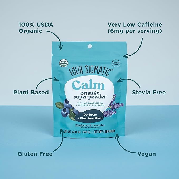 Four Sigmatic Calm Super Powder | Organic Superfood Powder with Magnesium Citrate, Organic Chamomile Extract, and Tremella Mushroom Extract | Blueberry Drink Mix (4.94 oz.)
