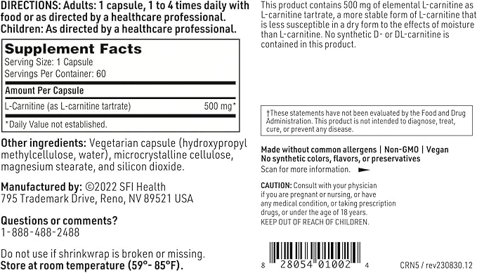 Klaire Labs L-Carnitine Tartrate - 500 mg Amino Acid, Stabilized L-Carnitine - No Synthetic D-Carnitine (60 Capsules)