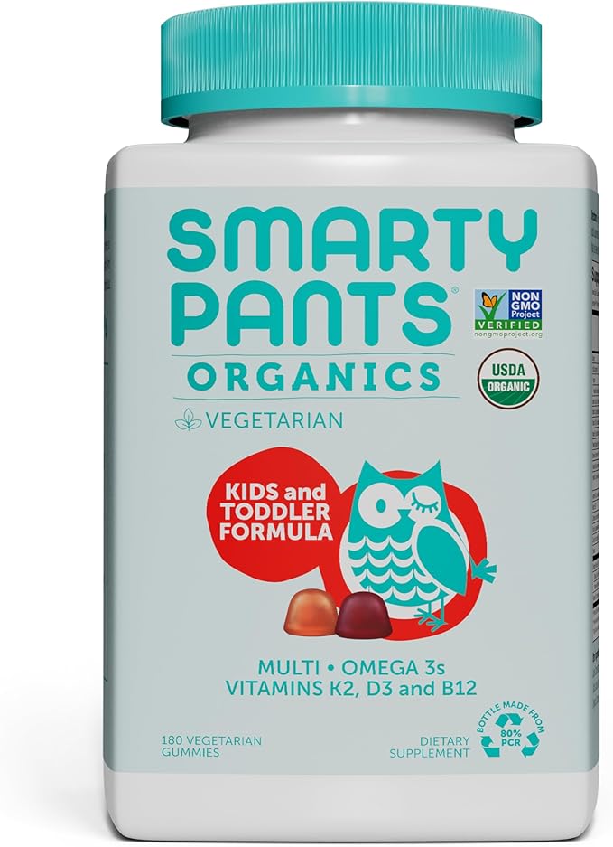 SmartyPants Organic Kids & Toddler Multivitamin 3 (ALA), D3, C, B12, B6, B6, Vitamin K2 & 180 Count