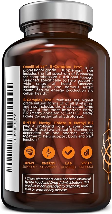 OmniBiotics Vitamin B Complex PRO B12, Methyl (B1, B2, B2, B3, B3, B5, B5, B6, B6, B7, B7, B8, B8, B9, B9, B12) B12) | 90 Vegan
