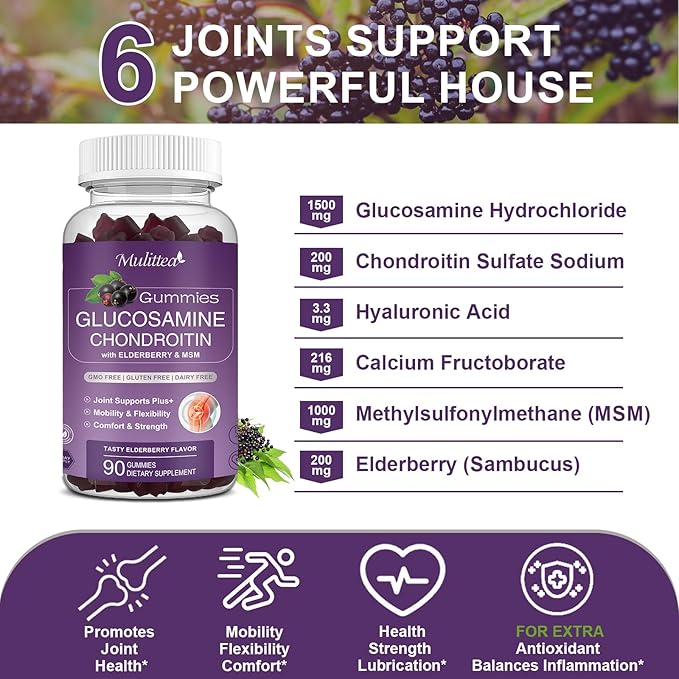 Glucosamine Chondroitin Gummies - Extra Strength Joint Support Supplement with MSM & Elderberry for Natural Joint, Antioxidant Immune Support for Adults, Men & Women-90 Gummies