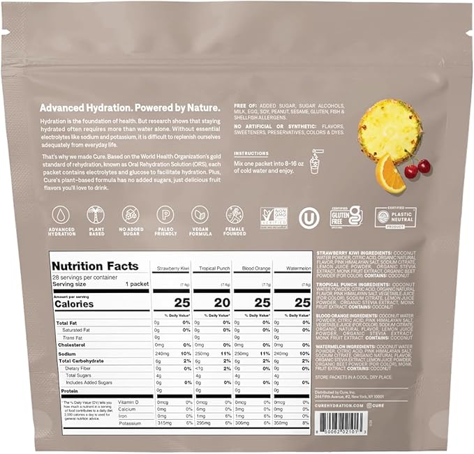 Cure Hydration | Plant-Based Electrolyte Drink Mix | No Added Sugar | FSA & HSA | Non-GMO | Vegan | 28ct - Tropical Variety Pack