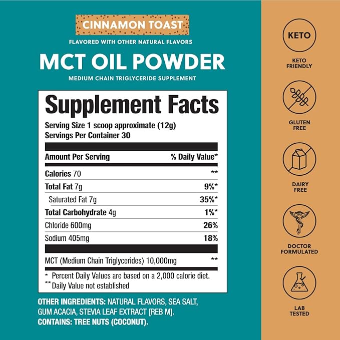 Perfect Keto 7g MCT Oil Powder, Medium Chain Triglycerides Supplement, Non Dairy Coffee Creamer for Keto Diet, Ketogenic MCT Oil Mix for Coffee, Smoothie, Protein Shakes, Cinnamon Toast, 30 Servings