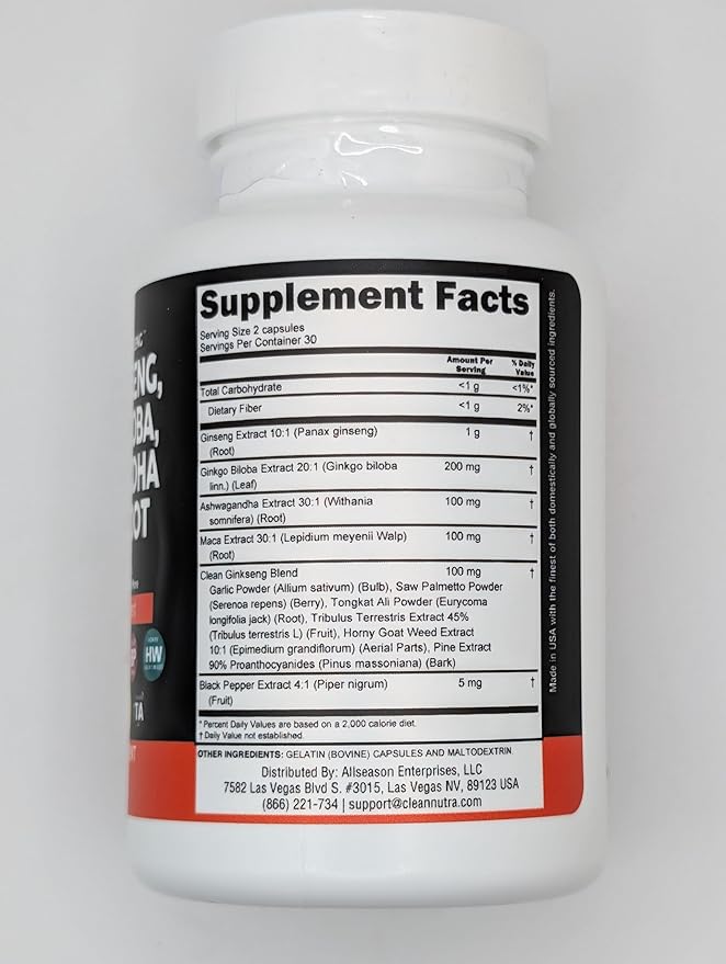 Clean Nutraceuticals Panax Ginseng Ginkgo Biloba Ashwagandha Maca Root - Focus Supplement Pills for Women and Men with Pine Bark Extract, Garlic, and Saw Palmetto - 60 Caps
