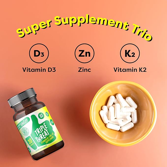 FlavCity Vitamin D Supplement, Triple Threat 3-in-1 Dietary D3, Zinc K2 for 30 Capsules