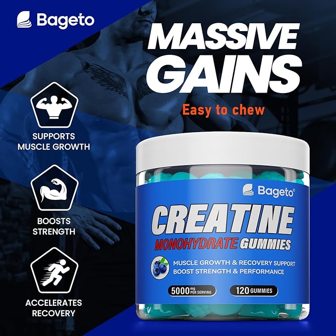 Creatine Monohydrate Gummies 5000mg for Men & Women, Gomitas de Creatina 5g Creatine Monohydrate, 0g Sugar Chewables Creatine Pre-Work Out for Muscle Strength, Vegan,120 Count (120 Count, Blueberry)