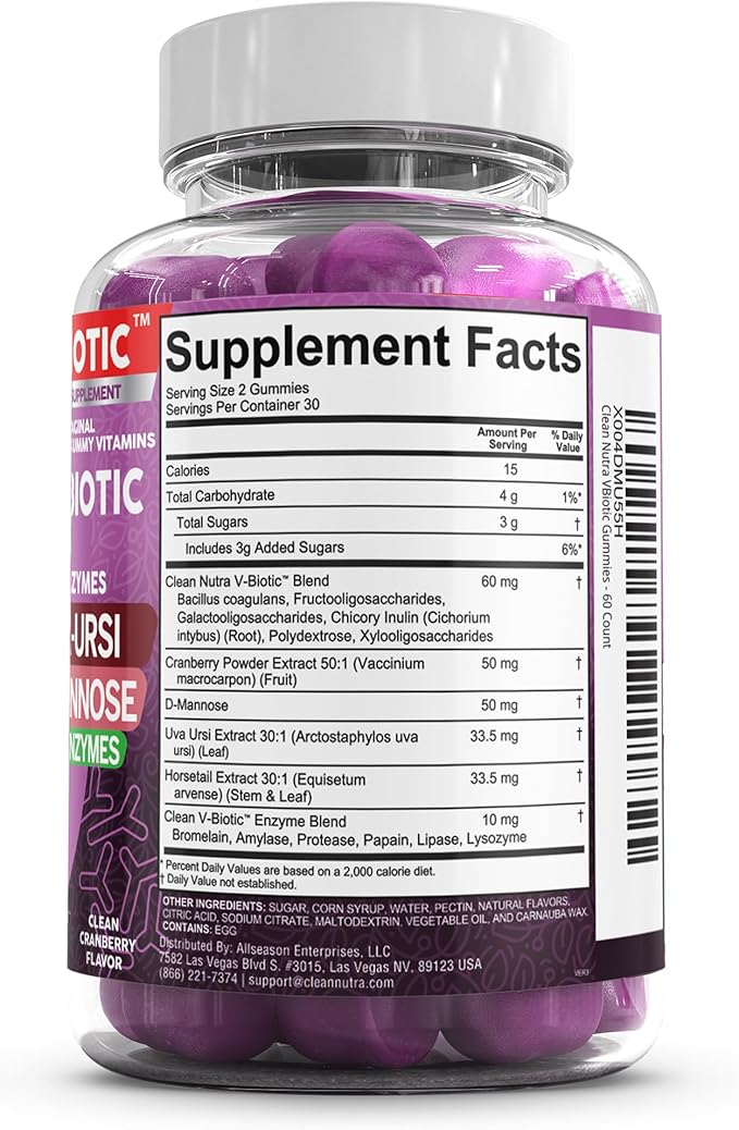 Clean Nutraceuticals Vaginal Probiotics for Women Gummies with Cranberry, Uva Ursi, Horsetail, D-Mannose, Prebiotics & Digestive Enzymes, Vaginal Health Supplement for pH Balance Flora Odor VBiotic