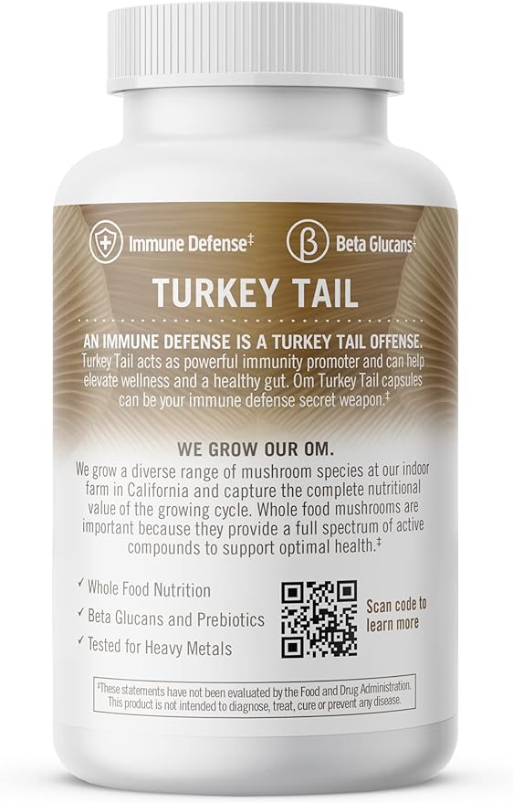 Om Mushroom Superfood Turkey Tail Mushroom Capsules Superfood Supplement, 90 Count, 30 Days, Immune Support, Polysacchrides, Beta-Glucans, Gut Health & Holistic Defense Mushroom Supplement