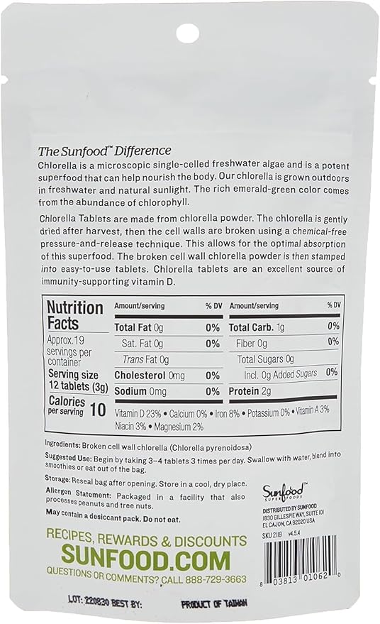 Sunfood Superfoods Chlorella Tablets - Chlorophyll, Chlorella Supplement, Chlorophyll Pills, Broken Cell Wall Algae Capsules, Non GMO, Vegan - 2 oz Bag
