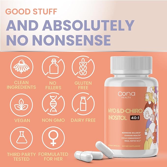 Vegan Myo-Inositol & D-Chiro Inositol Supplement for Women - PCOS Relief, Hormonal Balance, Ovarian Support, Ovulation Support Supplement - Ideal Ratio 40:1-90 Cap - Fertility Supplements for Women