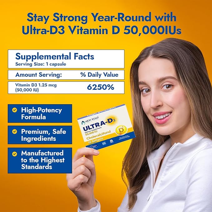 New Road Health Supply - Vitamin D 50000 IU, Once Weekly Dose, Easy to Swallow Vitamin D Softgel for Bones, Teeth, and Immune Support, Gluten Free, 12 Count, Pack of 3