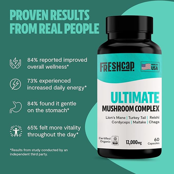 FreshCap Ultimate Mushroom Supplement 12,000mg - Mushroom Complex Capsules, Organic Mushrooms Supplement, Mushroom Extract, Ayurveda Mushroom Blend Nootropic (60 Capsules)