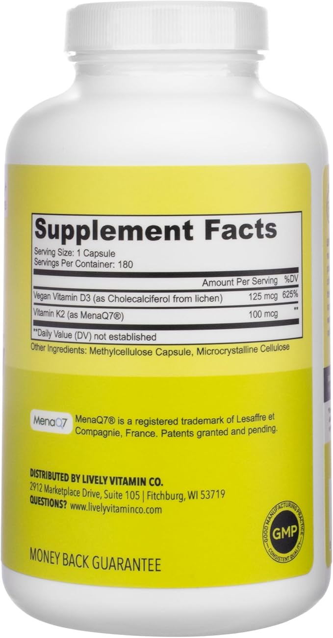 LIVELY VITAMIN CO. Solar Power Vitamin D3 5000 iu - Patented Vitamin K - MK7 - Immune Balance - Brain Function - Mood - Heart - Stress - 180 Count