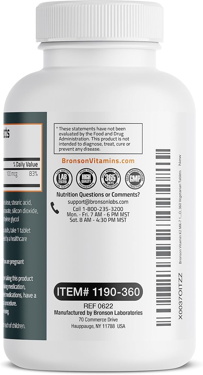 Bronson Vitamin K2 MK-7 100 MCG, K2 as MK7 Menaquinone, 1 Year 360 Tablets