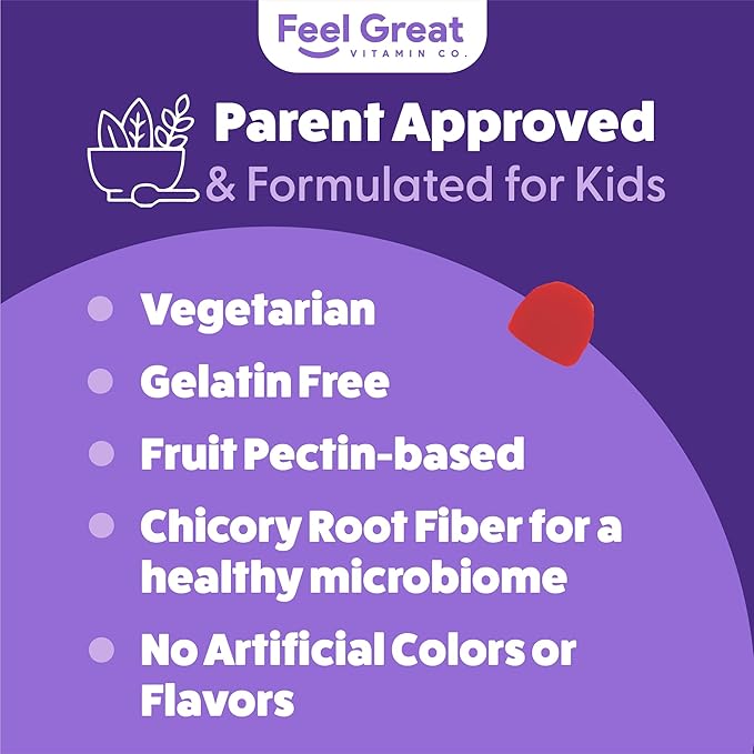 The Feel Great Vitamin Company Fiber Gummies for Kids for Digestive Support | Constipation Relief for Kids | Fruity Flavored Chewable Fiber Gummies | Vegetarian Supplements | 60 Day Supply