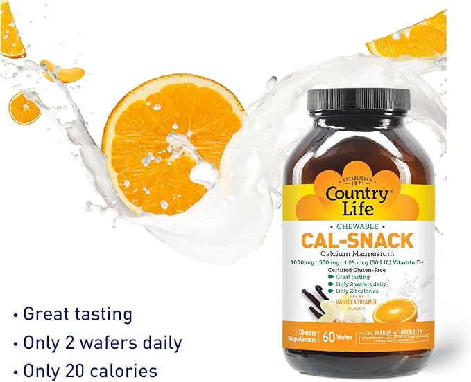 Country Life Cal-Snack, Chewable Calcium, Magnesium 1000mg/500mg/50 IU, 60 Wafers,
