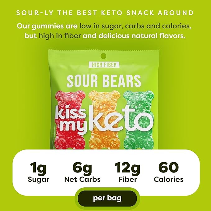 Kiss My Keto Gummies Candy – Low Carb Candy Sour Bears, Keto Snack Pack – Healthy Candy Gummys – Vegan Candy, Keto Gummy Candy – Keto Candy Gummies (16-pack)