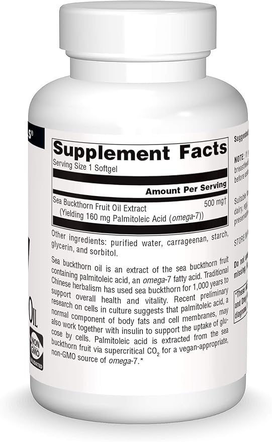Source Naturals Omega-7 Sea Buckthorn Fruit Oil, Non-GMO, Vegan-Sourced for Health and Vitality* - 120 Vegan Softgels