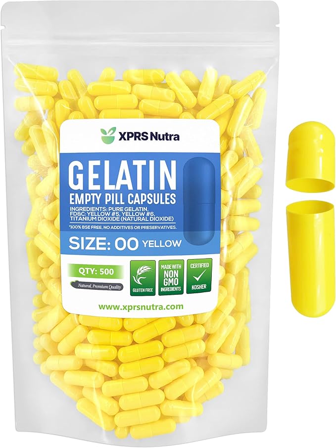 XPRS Nutra Size 00 Empty Capsules - 500 Count Empty Gelatin Capsules - Empty Pill Capsules - DIY Capsule Filling - Fillable Pill Capsules Empty Gel Caps (Yellow)