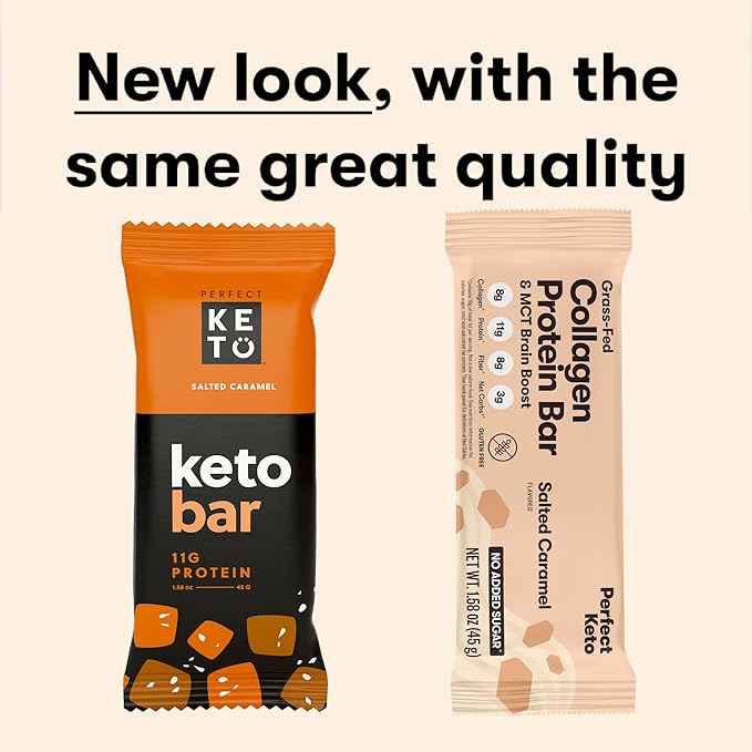 Perfect Keto Collagen Protein Bar, Gluten Free with Grass Fed Collagen + MCT Oil, Low Carb, No Sugar Added, High Protein Snacks, Keto Diet Foods, 10g Protein, 19g Fat, 2g Net Carbs, Salted Caramel, 12 Bars