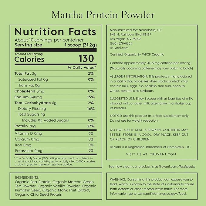 Truvani Vegan Pea Protein Powder 20g Organic 10 Servings