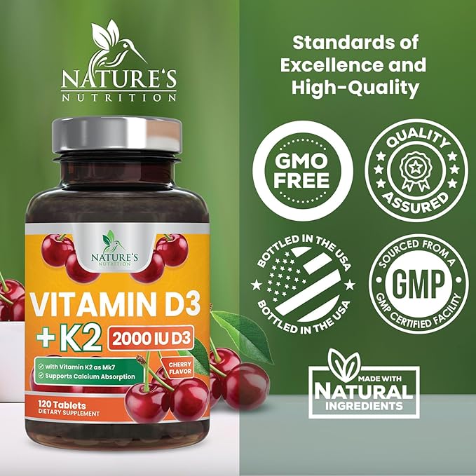 Vitamin D3 K2 as MK-7 2000iu of D3 & 75mcg K2, K2, Vitamin K2 D3 D3 Bone 120 Chewable