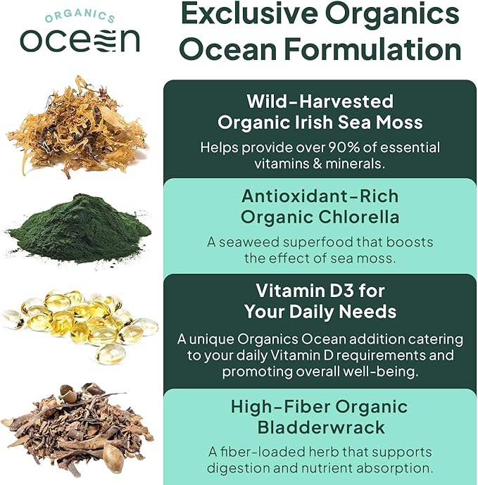 Wild Sea Moss Capsules - 100% Organic Irish Sea Moss with Organic Chlorella, Bladderwrack and Vitamin D for Energy, Lung Health and Thyroid Support for Women and Men - 6 Bottles
