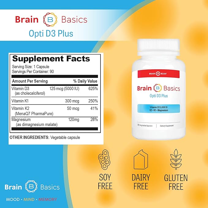 Brain Basics Opti D3 Plus D3 K2 K2 5,000IU, 5,000IU, Vitamin K1, and 90 Servings