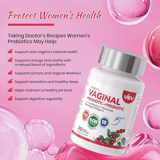 VEV Women’s Vaginal Probiotics + Prebiotics, 60 Billion CFUs, 19 Strains with D-Mannose, Cranberry, Supports Digestive, Vaginal and Feminine Wellness, Easy to Swallow, 120 Capsules (60-Day Supply)
