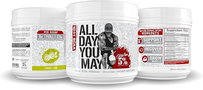 5% Nutrition Rich Piana AllDayYouMay BCAA Powder | Premium Intra & Post Workout Amino Acids, Hydration, Endurance, Muscle Recovery, Joint & Liver Support | 15.3 oz, 30 Servings (Lemon Lime)