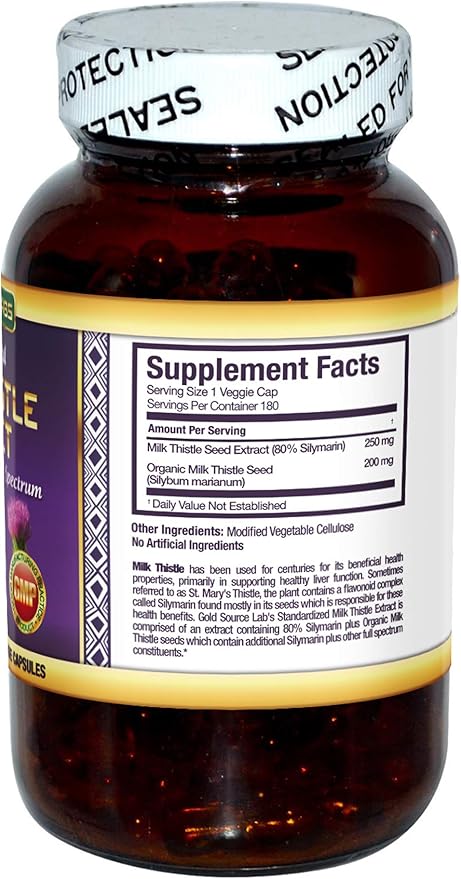 Organic Milk Thistle Capsules, 180 Caps, 80% Silymarin 450 mg,