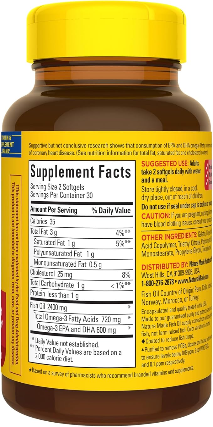 Nature Made Burp Less Fish Oil 1200 mg, 3 Fish 3 Supplement 60 Softgels, 30 Day